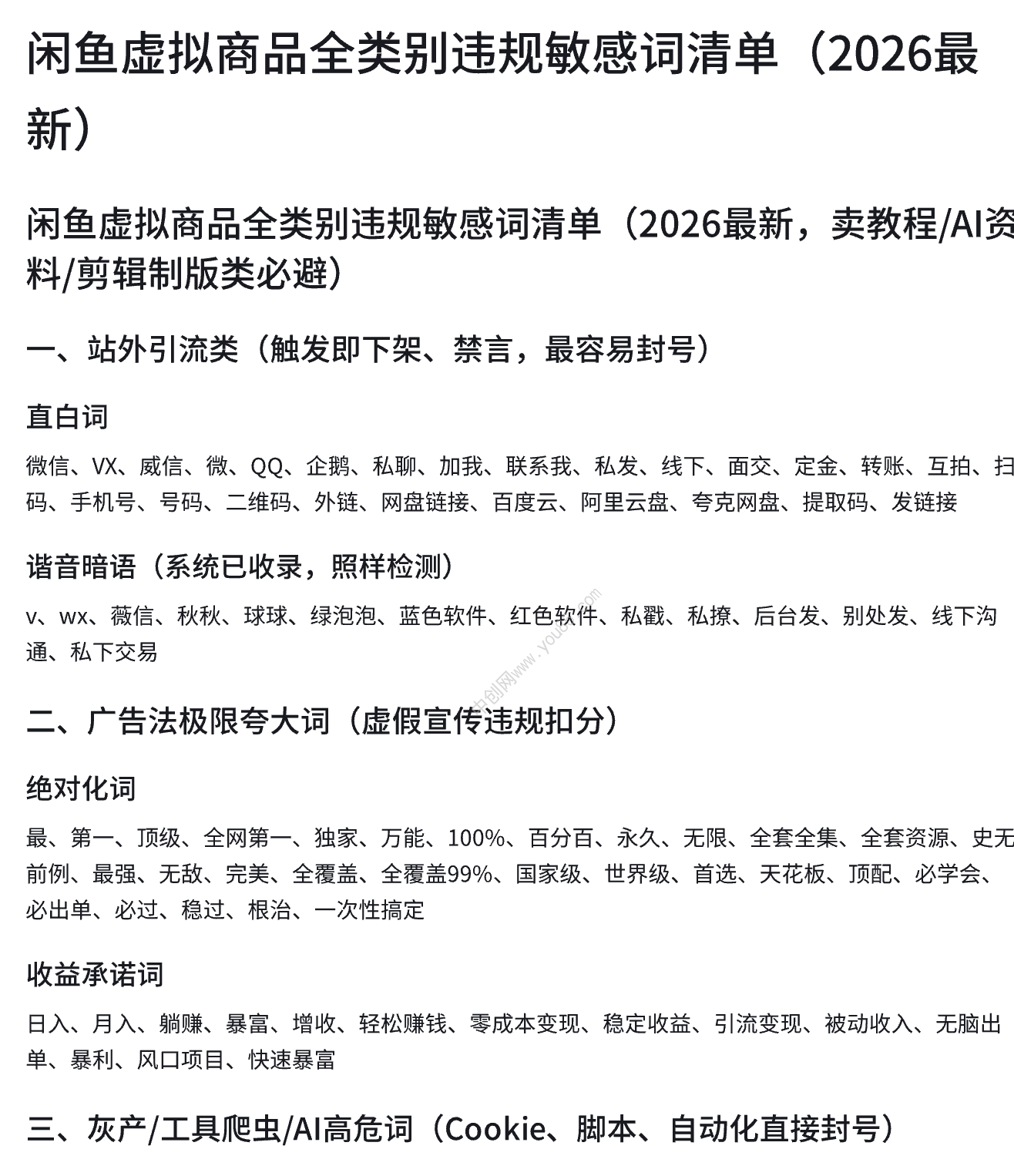 闲鱼虚拟商品违规敏感词清单，避坑运营必备指南