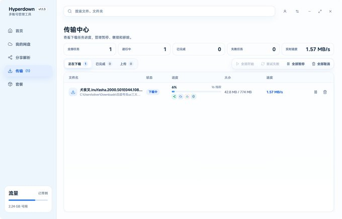 發現一個好用的網盤下载軟件：Hyperdown，支持度盤/誇克/UC三大網盤不限速下载。亲测有效（见圖）。